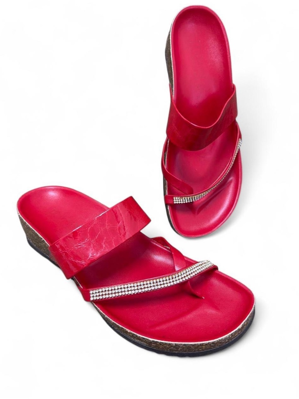 Italian Shoemakers Red Patent Leather Slide Sandals with Rhinestone Strap Sz 7.5